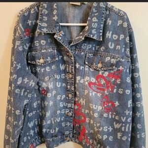 Chico's Indigo Denim Embroidered Positive Affirmations Y2k Size Xl 16/18 Jacket